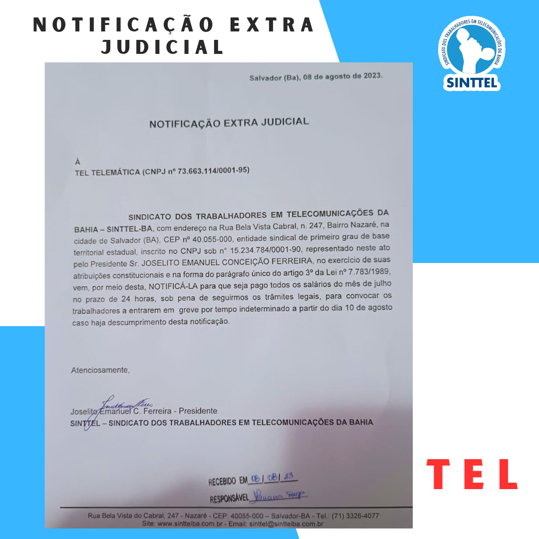 Sinttel notifica Tel por atraso no pagamento dos salários 